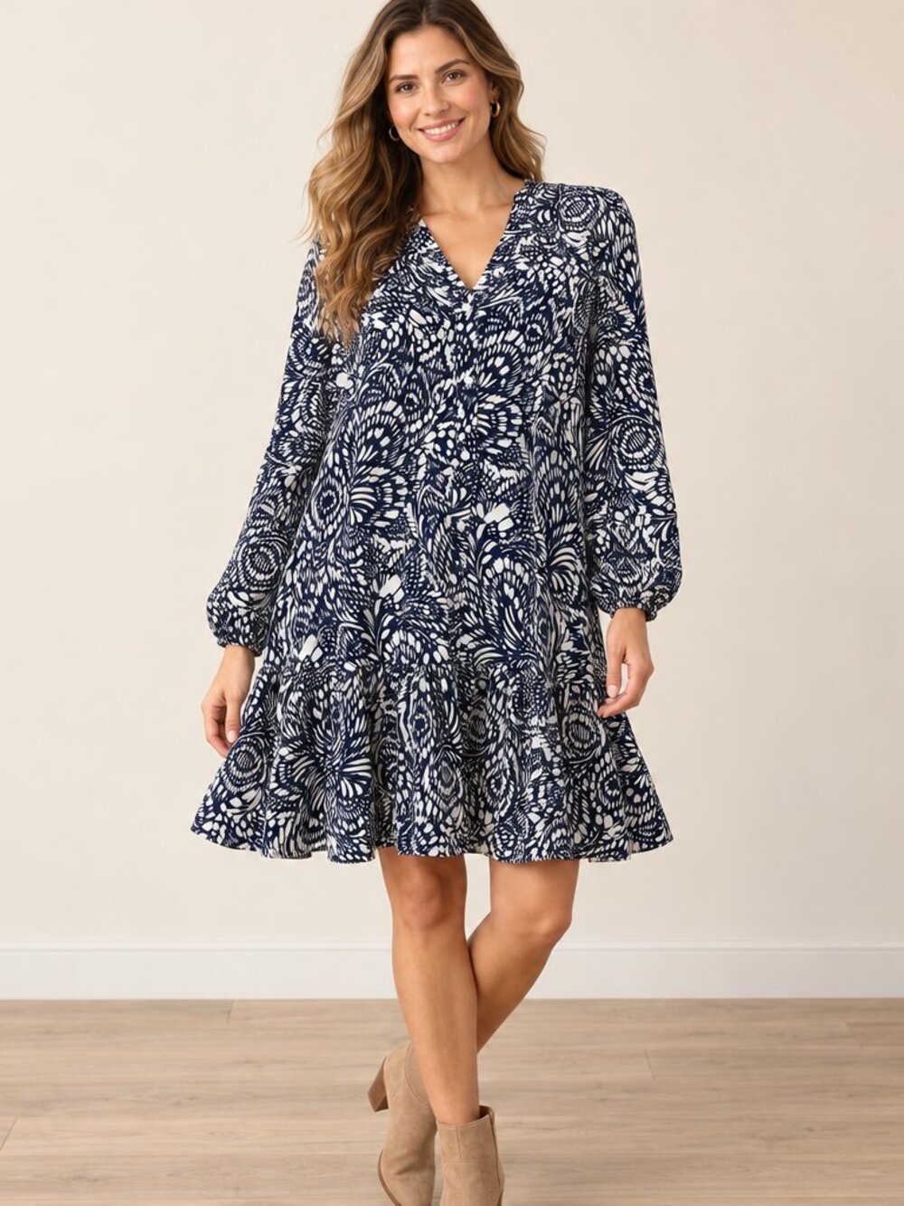 Rachel Zoe Dress L Blue White Abstract Button Front Long Sleeve Pockets